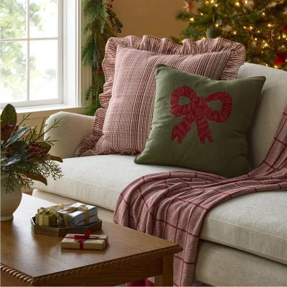 24"x24" Uneven Plaid with Ruffle Pillow Burgundy/Cream - Threshold™ studio mcgee - Picture 2 of 6